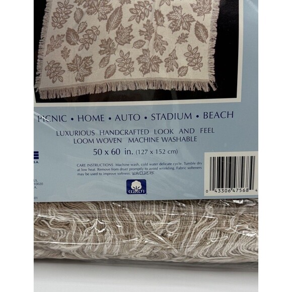 Vtg Cannon Cotton Throw Blanket 50x60in Beige Leaves Nature NOS Woven USA - Picture 11 of 12